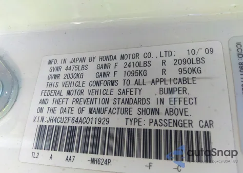 2010 Acura Tsx 2.4 from USA, damaged, VIN JH4CU2F64AC011929